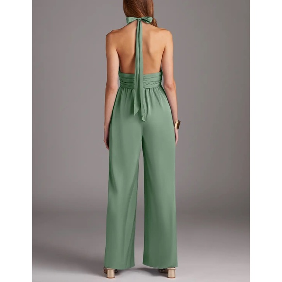 NWT Azazie Oli Stretch Satin Jumpsuit Women’s 8 Matcha Green Formal Event Party - Picture 2 of 11